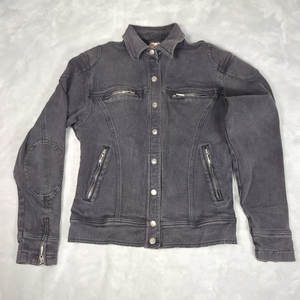 Harley Davidson Jacket Women Small Gray Denim Zip Pockets Trucker Biker VTG 90s
